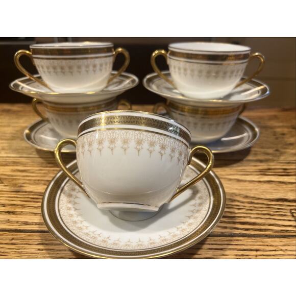 10 PIECE SET Imperial China GOLD Cream Soup Bouillon Cups +Saucers GREEN LION EX - Picture 1 of 9
